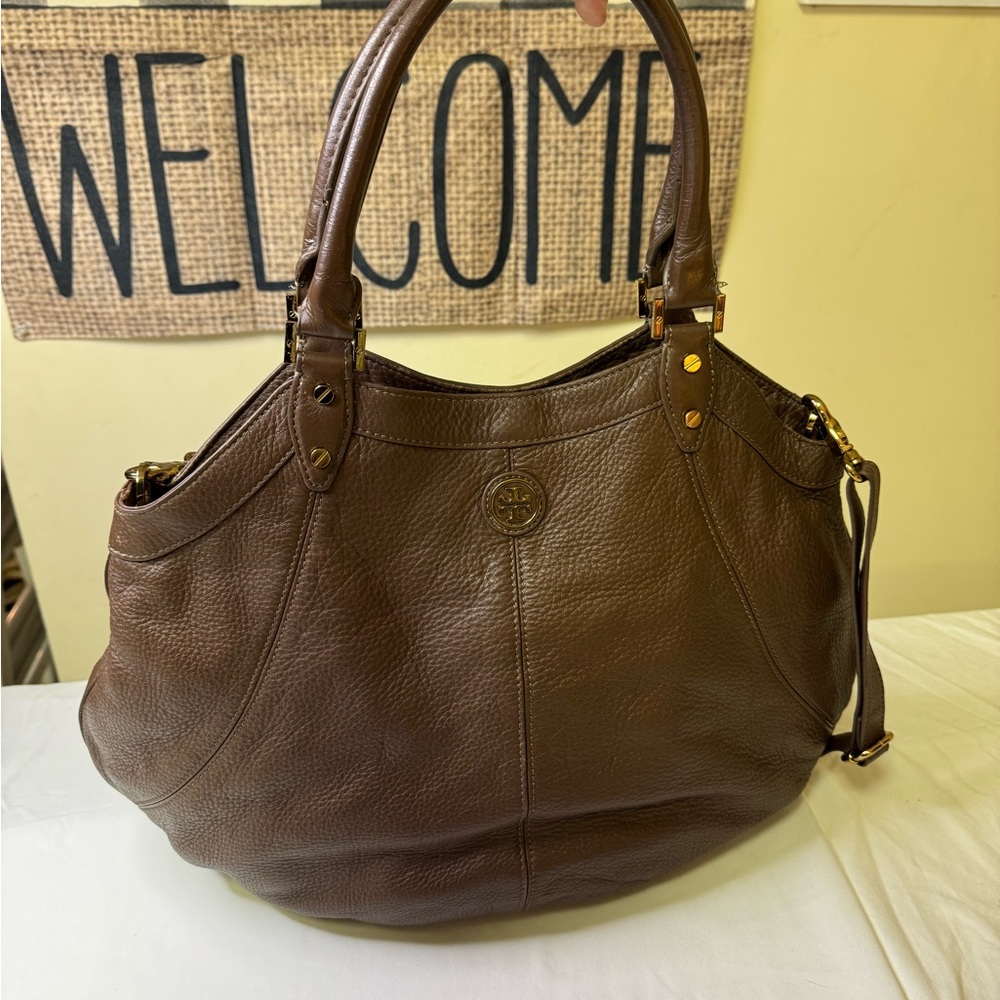 Tory Burch Brown Pebbled Leather‎ Logo Tote Shoulder Bag